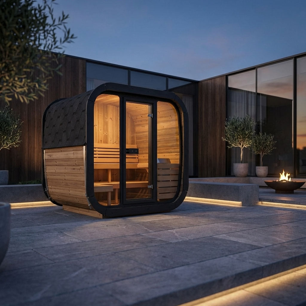 Cube Sauna Construction, Materials, and Lighting Features