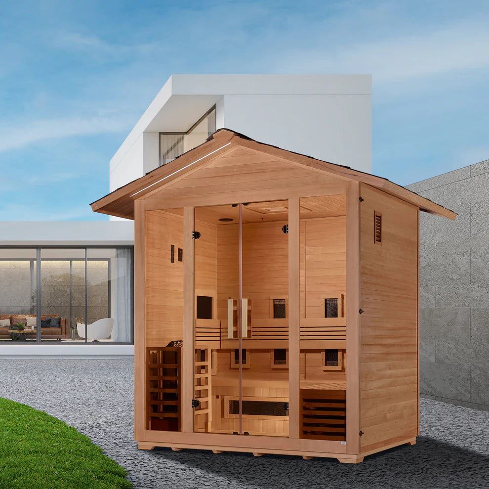 Golden Designs Gargellen 5-Person Hybrid Full Spectrum IR or Traditional Stove Outdoor Sauna in Canadian Hemlock