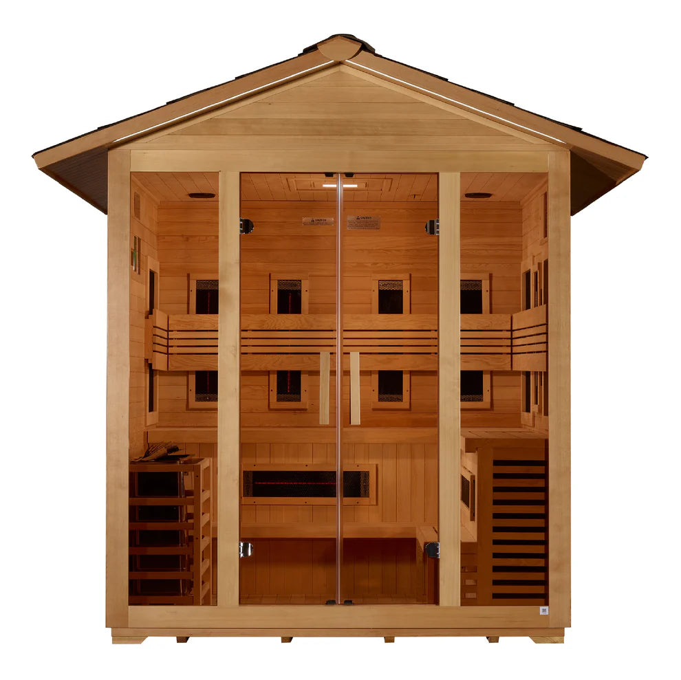 Golden Designs Gargellen 5-Person Hybrid Full Spectrum IR or Traditional Stove Outdoor Sauna in Canadian Hemlock