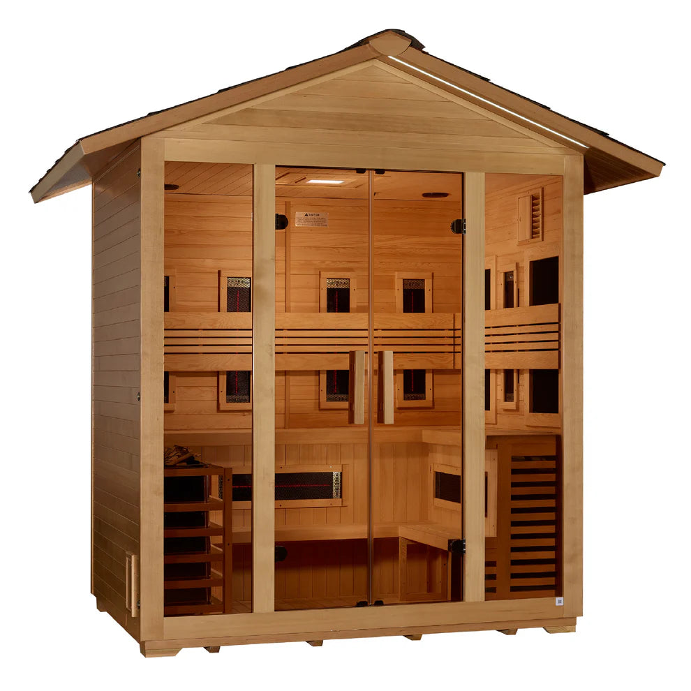 Golden Designs Gargellen 5-Person Hybrid Full Spectrum IR or Traditional Stove Outdoor Sauna in Canadian Hemlock