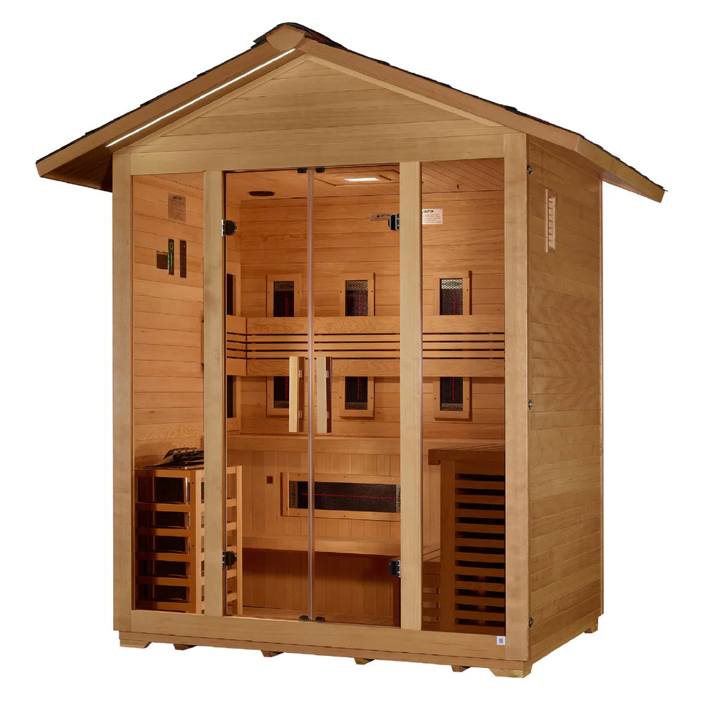 Golden Designs Gargellen 5-Person Hybrid Full Spectrum IR or Traditional Stove Outdoor Sauna in Canadian Hemlock