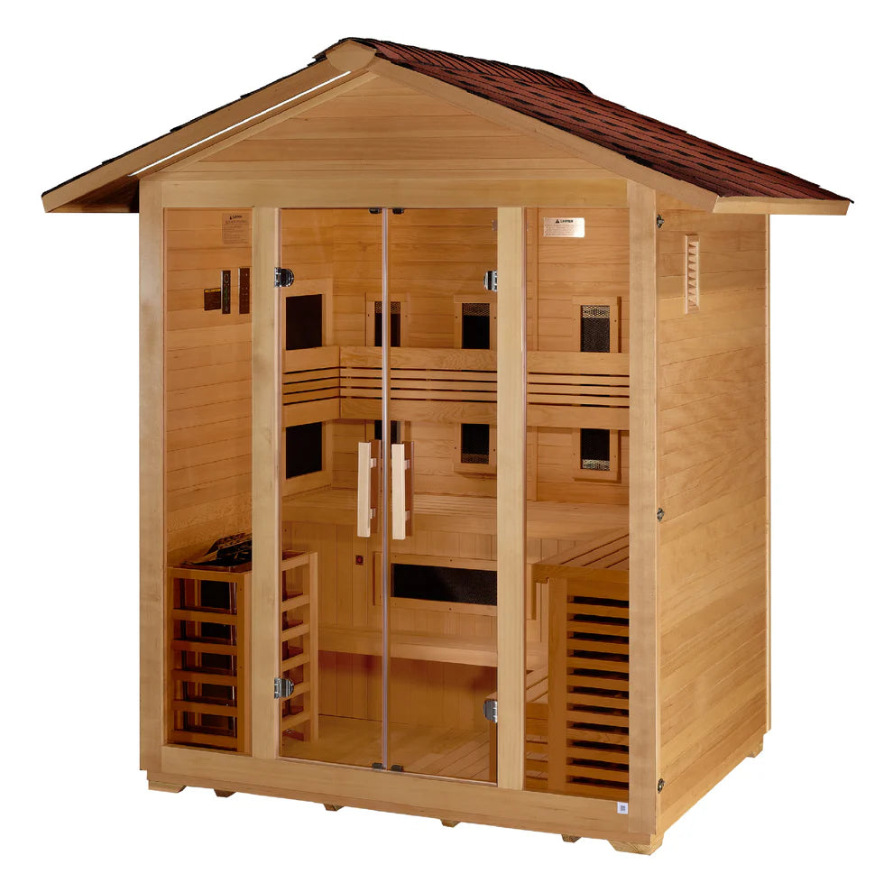 Golden Designs Gargellen 5-Person Hybrid Full Spectrum IR or Traditional Stove Outdoor Sauna in Canadian Hemlock
