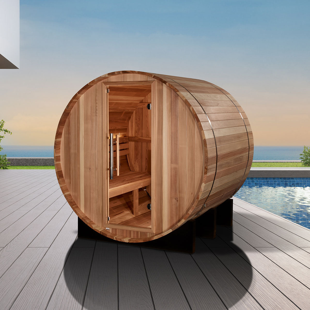 Golden Designs St. Moritz 2-Person Outdoor Barrel Steam Sauna -  Pacific Cedar