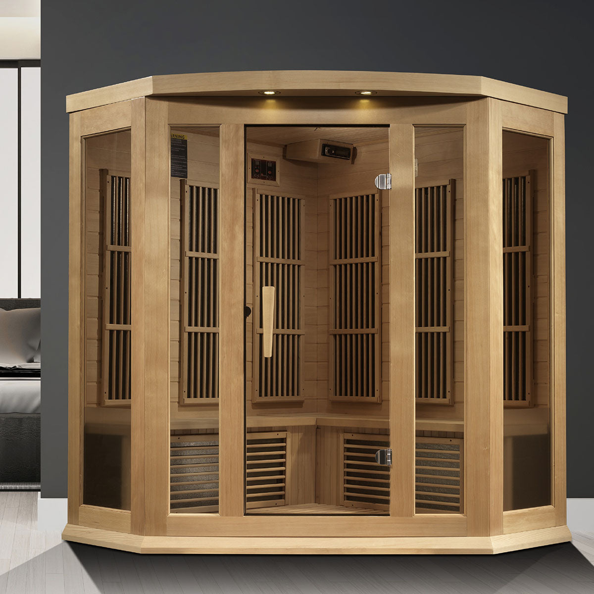 Golden Designs Maxxus 3-Person Corner Near Zero EMF FAR Infrared Sauna With Canadian Hemlock