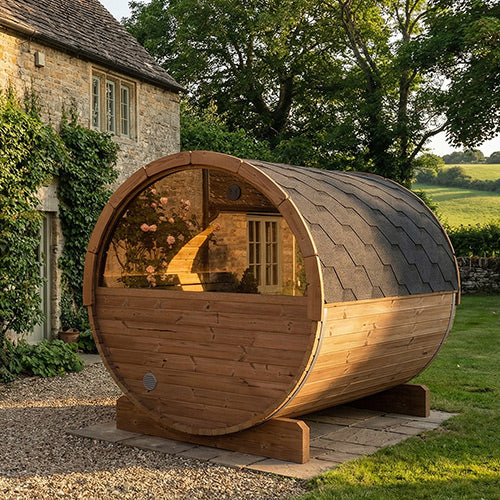 SaunaLife ERGO E8 Outdoor Barrel Sauna Kit | 6 Person Sauna