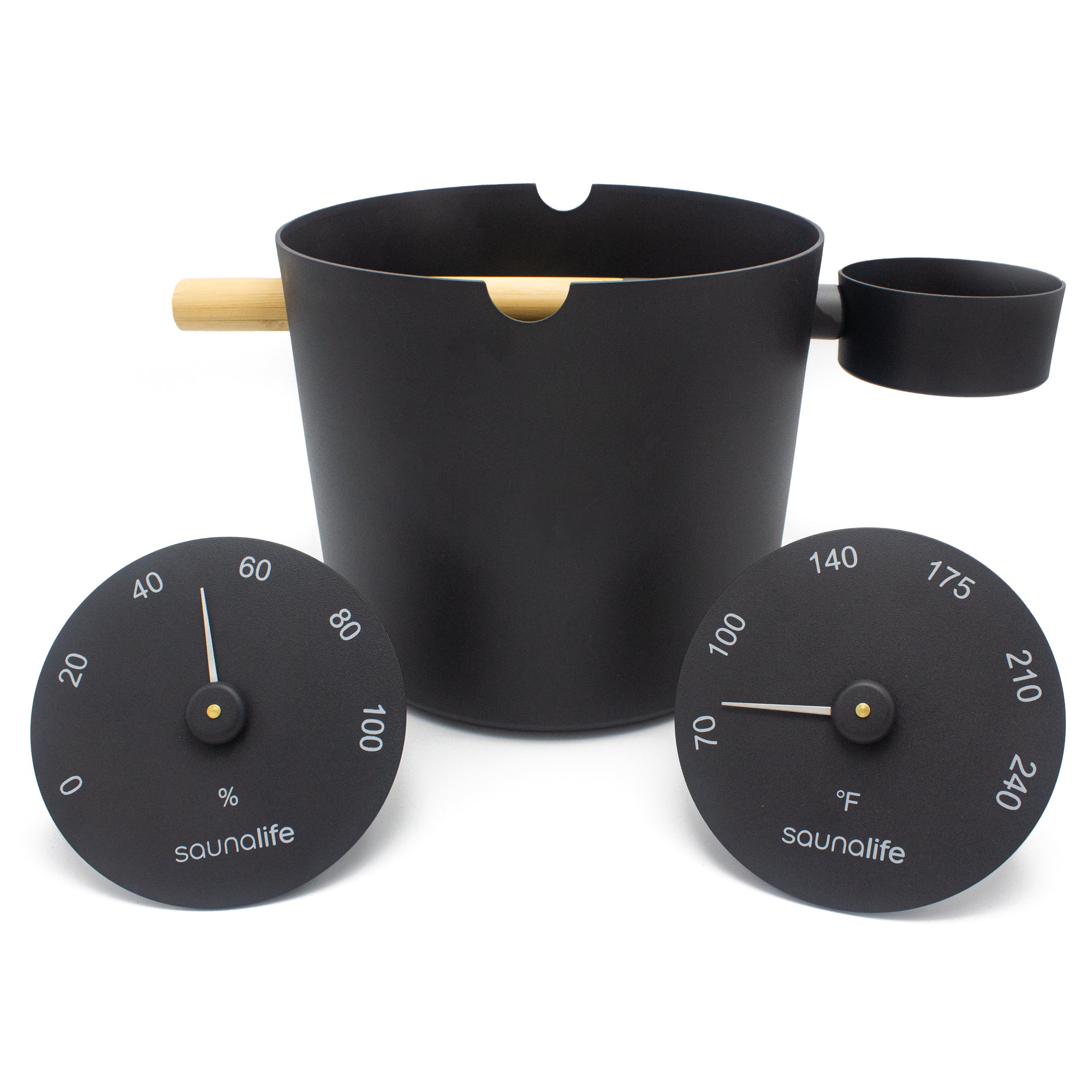 SaunaLife Essentials Set 5 Bucket, Ladle, Hygrometer and Thermometer, Black