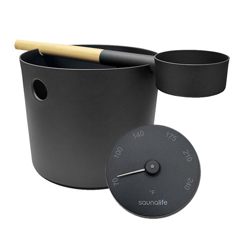 SaunaLife Essentials Set 6 Aluminum 1-Gallon Sauna Bucket Set with Wood Ladle and Thermometer