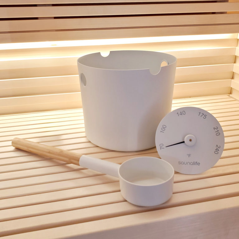 SaunaLife Essentials Set 6 Aluminum 1-Gallon Sauna Bucket Set with Wood Ladle and Thermometer