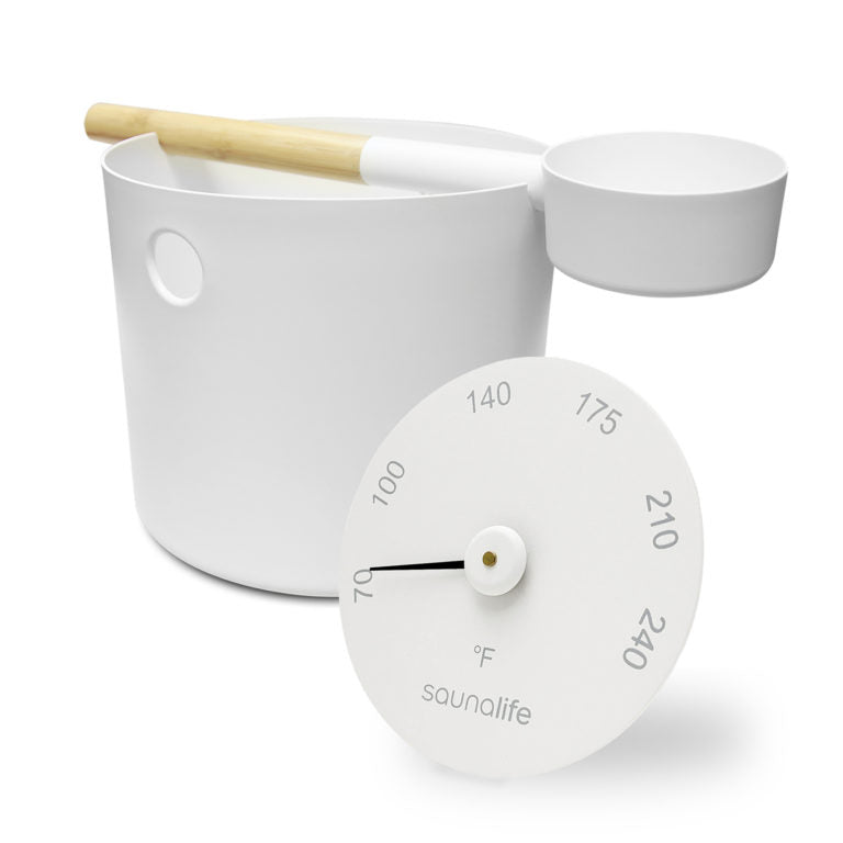 SaunaLife Essentials Set 6 Aluminum 1-Gallon Sauna Bucket Set with Wood Ladle and Thermometer