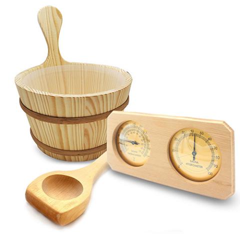 SaunaLife Essentials Set 8 Wooden 1-Gallon Sauna Bucket, Wood Ladle, Thermometer/Hyrometer