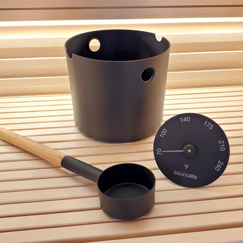 SaunaLife Essentials Set 6 Aluminum 1-Gallon Sauna Bucket Set with Wood Ladle and Thermometer