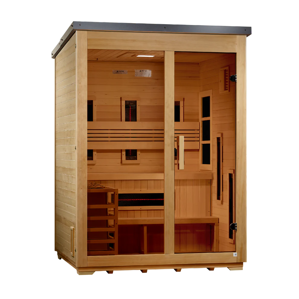 Golden Designs Carinthia 3 Person Hybrid PureTech Full Spectrum IR or Traditional Stove Outdoor Sauna -  Flat Roof