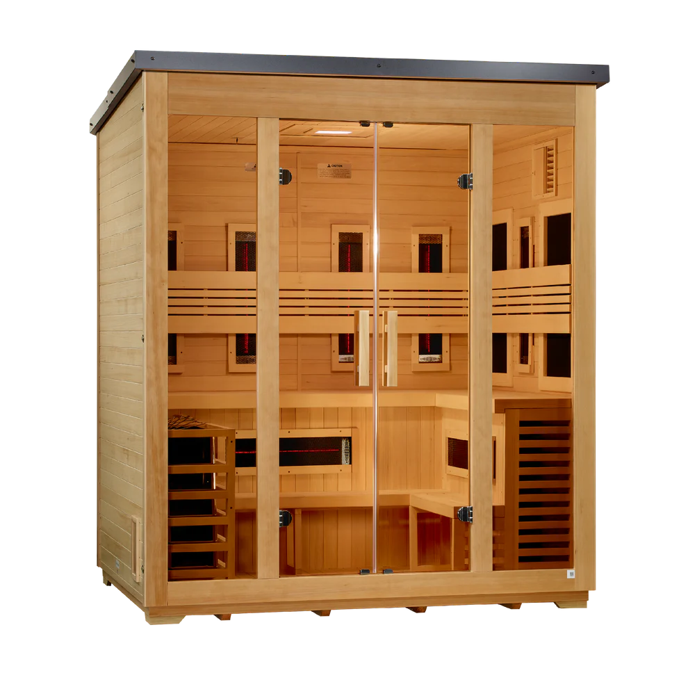 Golden Designs Gargellen 5 Person Hybrid PureTech Full Spectrum IR or Traditional Stove Outdoor Sauna - Flat Roof