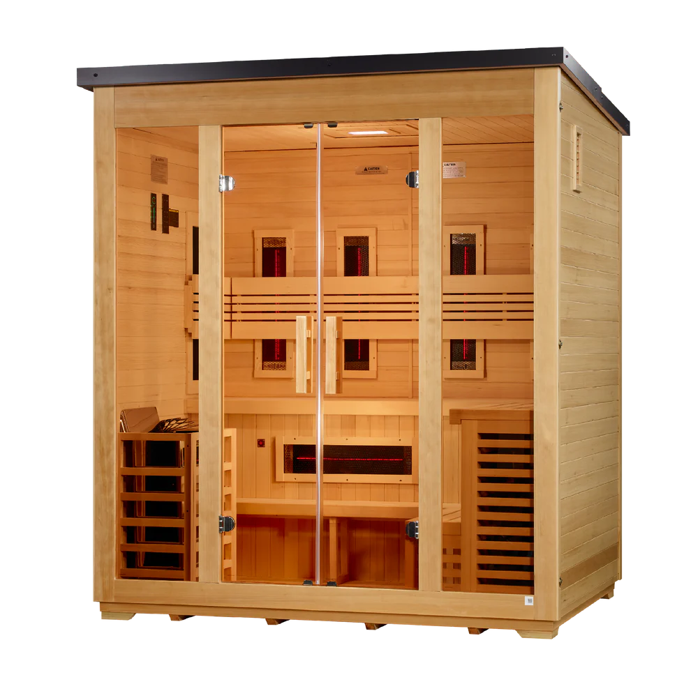Golden Designs Gargellen 5 Person Hybrid PureTech Full Spectrum IR or Traditional Stove Outdoor Sauna - Flat Roof