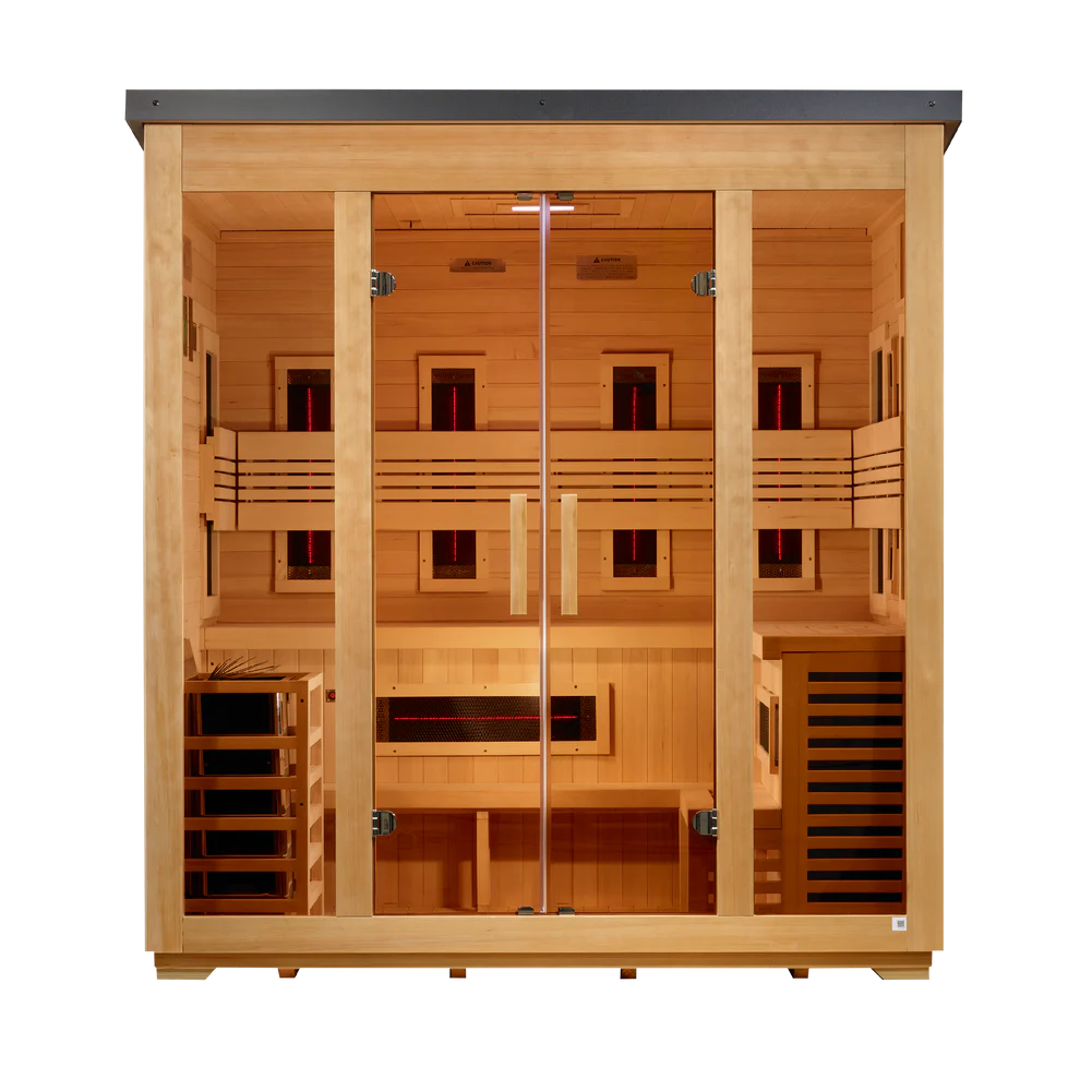 Golden Designs Gargellen 5 Person Hybrid PureTech Full Spectrum IR or Traditional Stove Outdoor Sauna - Flat Roof