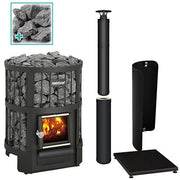 Harvia Legend 150 16kW wood burning sauna stove package with black chimney kit, extension, protective bedding, sheath and stones