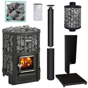 Harvia Legend 150 16kW wood burning sauna stove package with Legend water heater, black chimney kit, extension, smoke pipe, protective bedding, sheath and stones