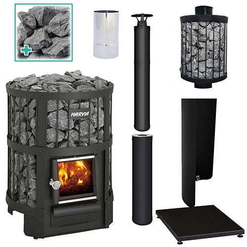 Harvia Legend 150 16kW wood burning sauna stove package with Legend water heater, black chimney kit, extension, smoke pipe, protective bedding, sheath and stones