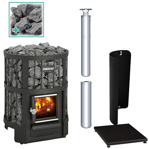 Harvia Legend 150 16kW wood burning sauna stove package with stainless steel chimney kit, extension, protective bedding, sheath and stones