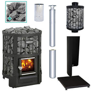 Harvia Legend 150 16kW wood burning sauna stove package with Legend water heater, stainless steel chimney kit, extension, smoke pipe, protective bedding, sheath and stones