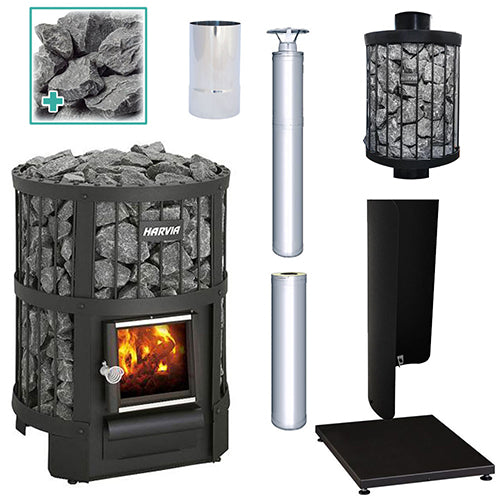 Harvia Legend 150 16kW wood burning sauna stove package with Legend water heater, stainless steel chimney kit, extension, smoke pipe, protective bedding, sheath and stones