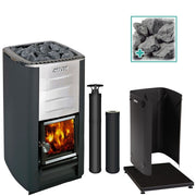 Harvia M3 16.5kW wood burning sauna stove package with black chimney kit, extension, protective bedding, sheath and stones