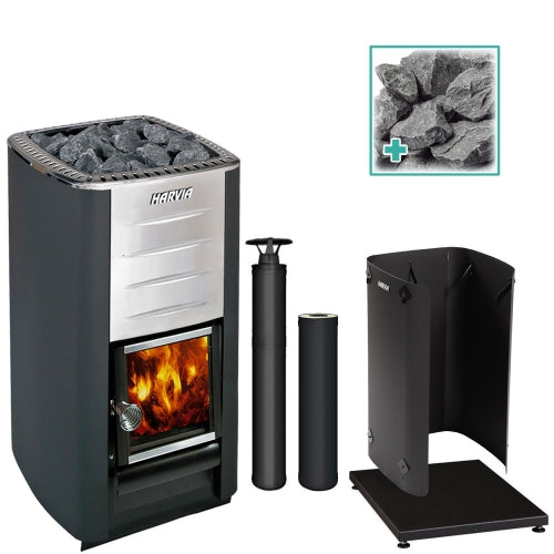 Harvia M3 16.5kW wood burning sauna stove package with black chimney kit, extension, protective bedding, sheath and stones