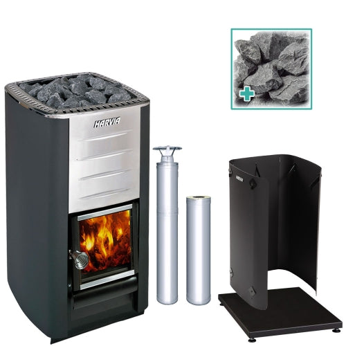 Harvia M3 16.5kW wood burning sauna stove package with stainless steel chimney kit, extension, protective bedding, sheath and stones