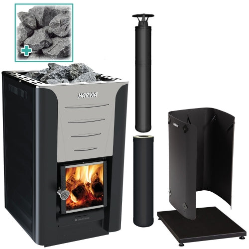 Harvia Pro 20 24kW wood burning sauna stove package with black chimney kit, extension, protective bedding, sheath and stones