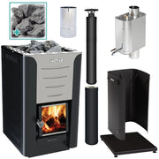 Harvia Pro 20 24kW wood burning sauna stove package with water heater, black chimney kit, extension, smoke pipe, protective bedding, sheath and stones