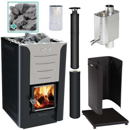 Harvia Pro 20 24kW wood burning sauna stove package with water heater, black chimney kit, extension, smoke pipe, protective bedding, sheath and stones
