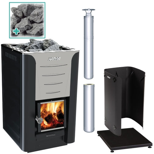 Harvia Pro 20 24kW wood burning sauna stove package with stainless steel chimney kit, extension, protective bedding, sheath and stones