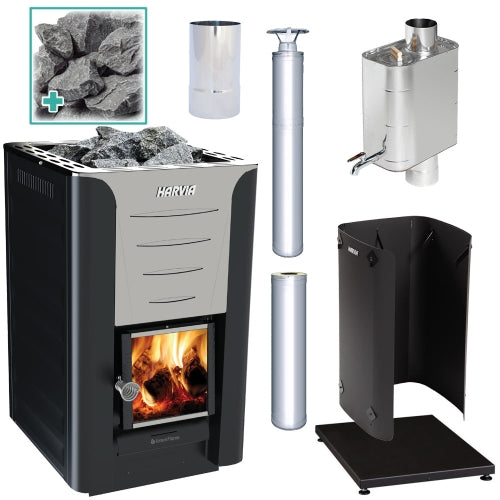 Harvia Pro 20 24kW wood burning sauna stove package with water heater, stainless steel chimney kit, extension, smoke pipe, protective bedding, sheath and stones